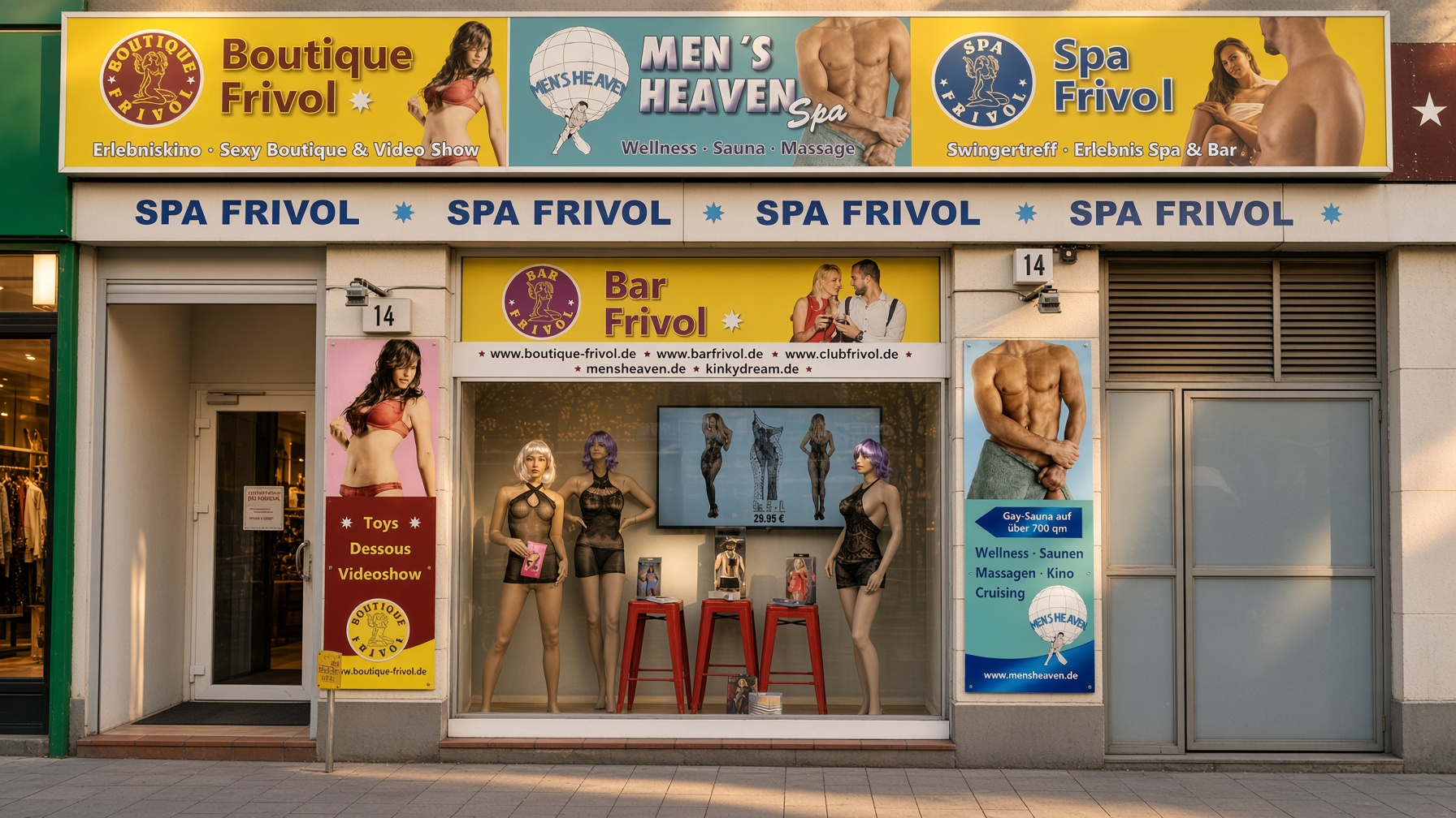 Ladeneingang mit Hausnummer 14. Schilder von Boutique Frivol, Men's Heaven und Spa Frivol.